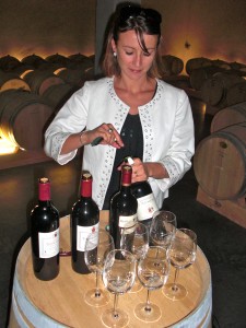 In the barrel cellar at Chateau Tertre Daugay with Benedicte Pecastaing.